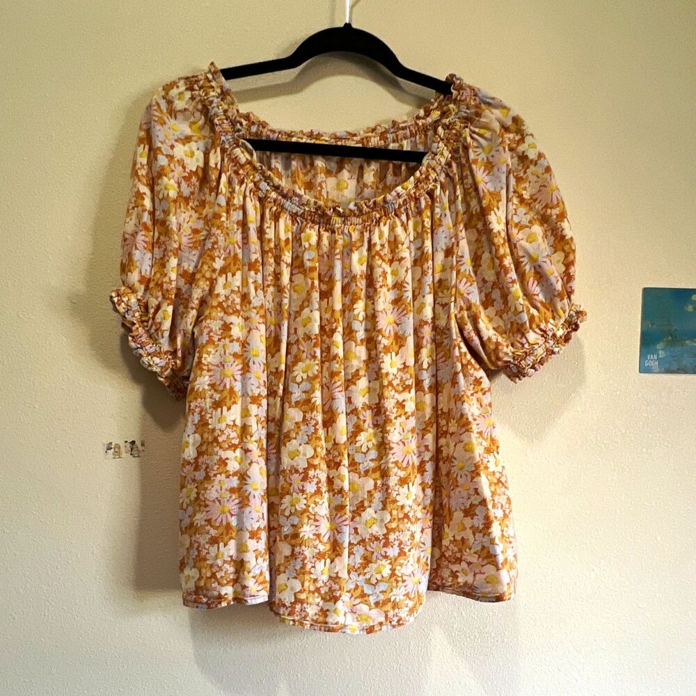 GAP Women's Floral Square Neck Puff Short Sleeve Blouse Top Size M Peasant